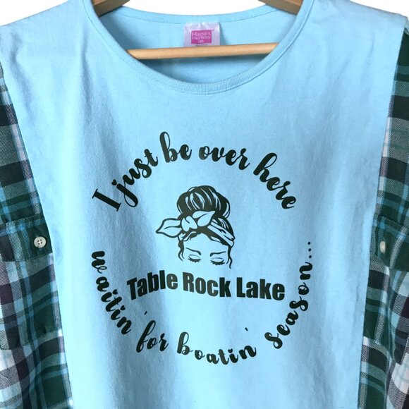 Table Rock Lake Oversized Graphic Tshirt, M-L: Boating Theme Flannel Tee Upcycle - Picture 8 of 9